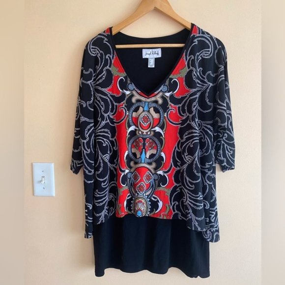 Joseph Ribkoff Womans Size 12 V Neck Layered Jersey Knit 3/4 Sleeve Tunic Artsy - Picture 11 of 11